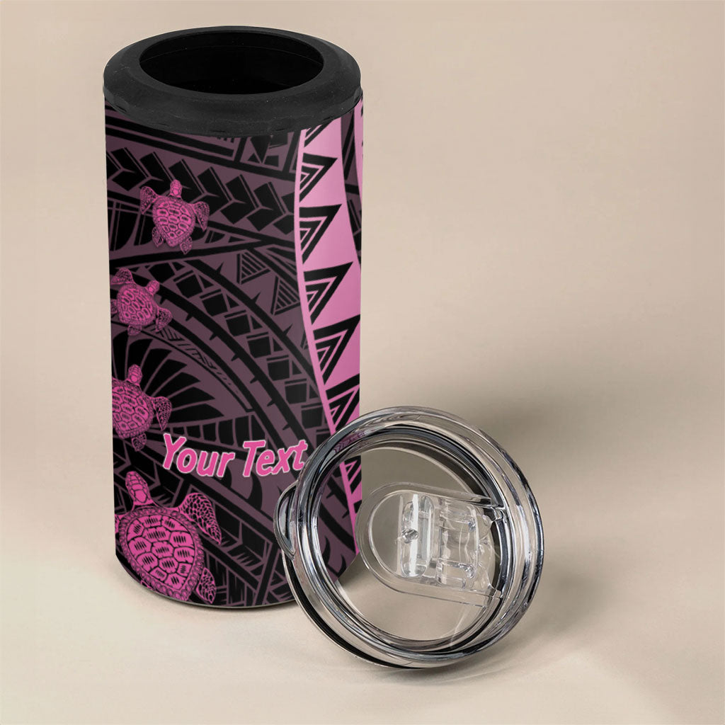 Breast Cancer Awareness Personalised 4 in 1 Can Cooler Tumbler Pink Ribbon Turtle Polynesian Pattern Black
