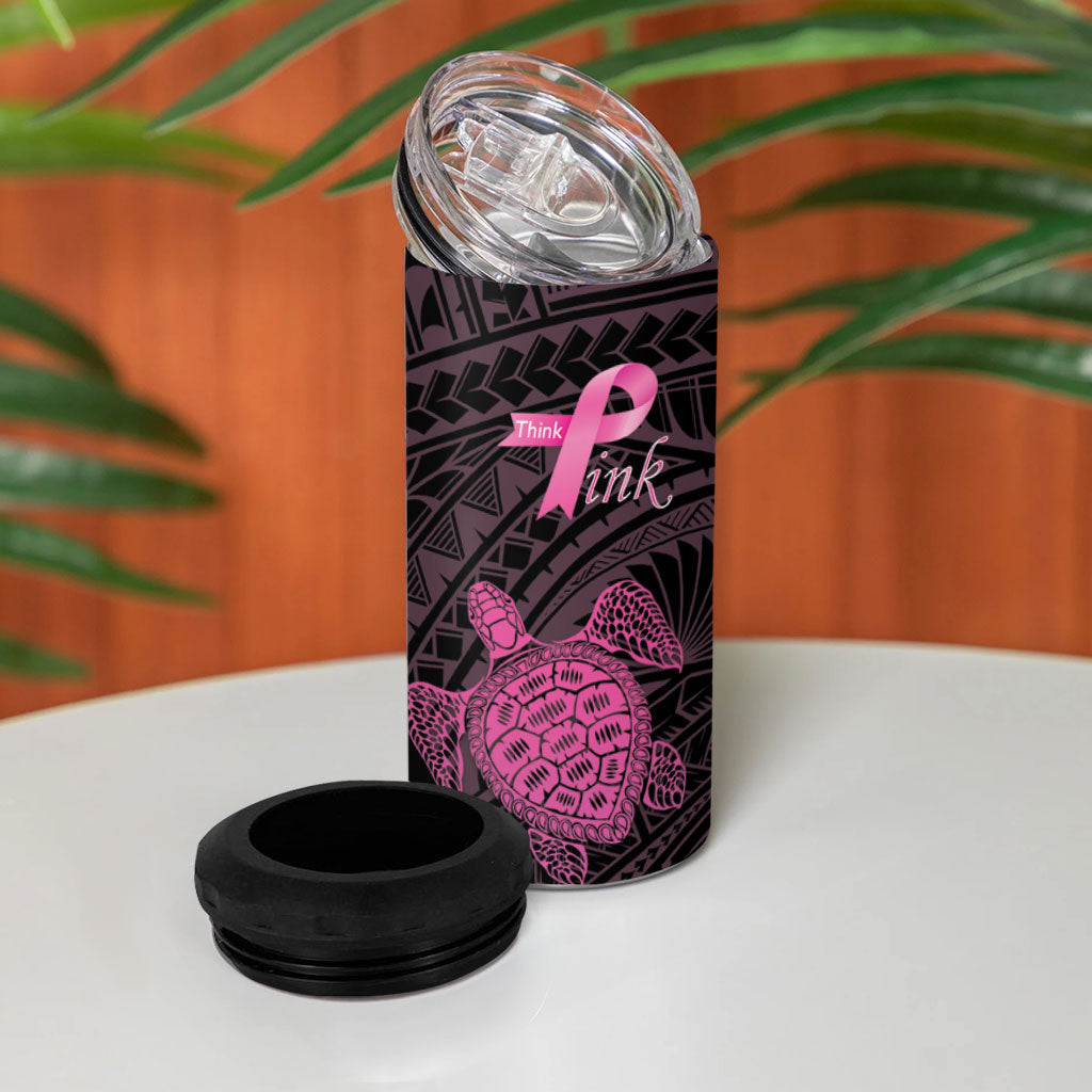 Breast Cancer Awareness Personalised 4 in 1 Can Cooler Tumbler Pink Ribbon Turtle Polynesian Pattern Black