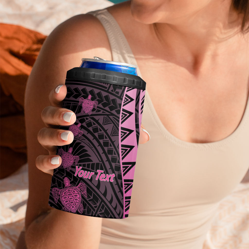 Breast Cancer Awareness Personalised 4 in 1 Can Cooler Tumbler Pink Ribbon Turtle Polynesian Pattern Black