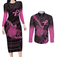Breast Cancer Awareness Personalised Couples Matching Long Sleeve Bodycon Dress and Long Sleeve Button Shirt Pink Ribbon Turtle Polynesian Pattern Black