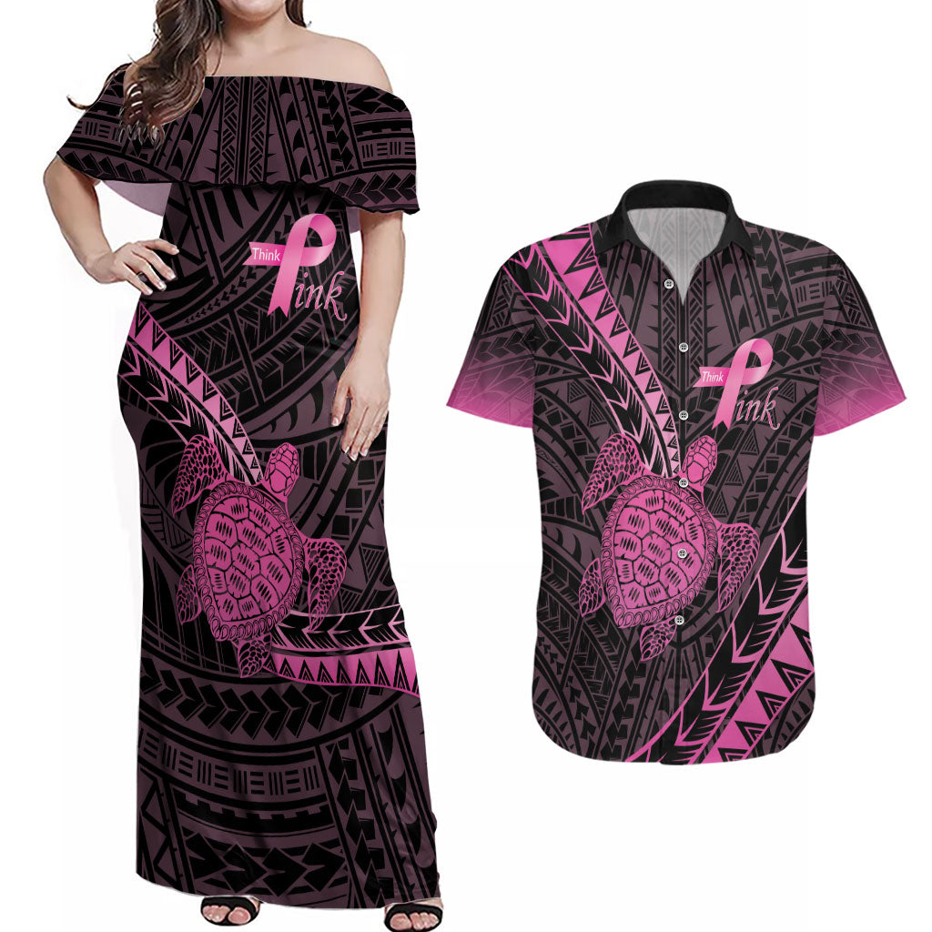 Breast Cancer Awareness Personalised Couples Matching Off Shoulder Maxi Dress and Hawaiian Shirt Pink Ribbon Turtle Polynesian Pattern Black