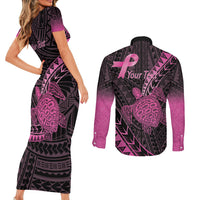 Breast Cancer Awareness Personalised Couples Matching Short Sleeve Bodycon Dress and Long Sleeve Button Shirt Pink Ribbon Turtle Polynesian Pattern Black
