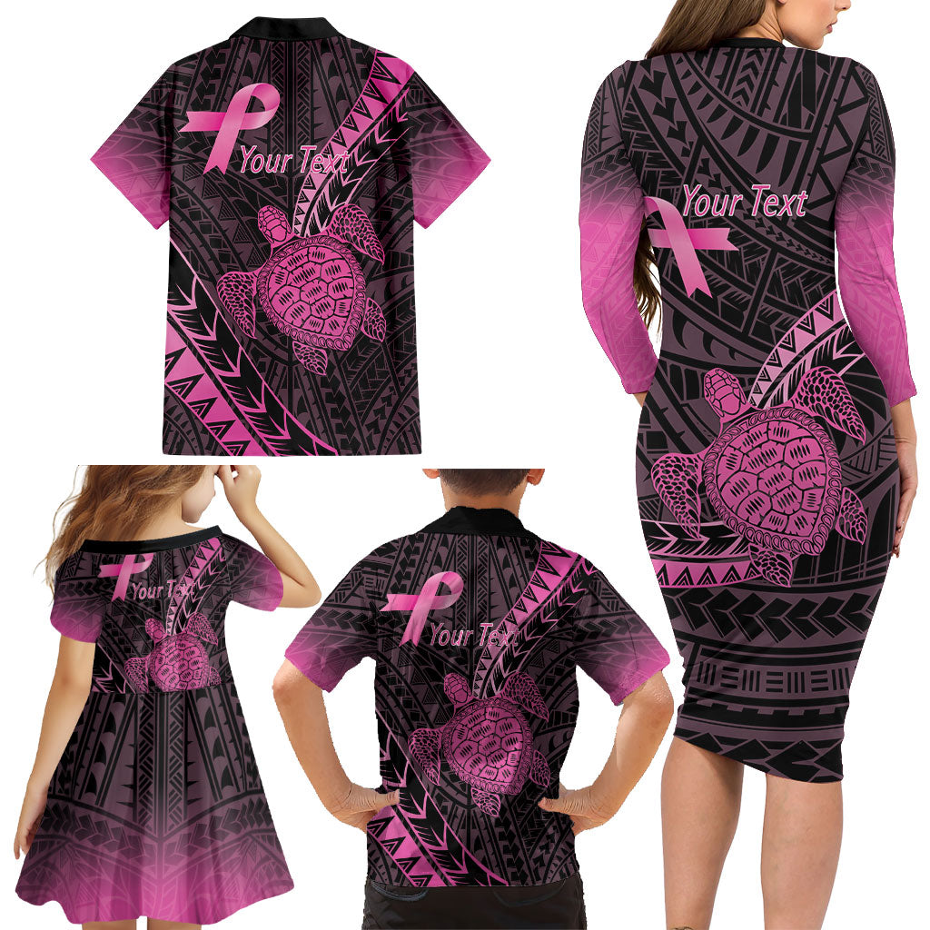 Breast Cancer Awareness Personalised Family Matching Long Sleeve Bodycon Dress and Hawaiian Shirt Pink Ribbon Turtle Polynesian Pattern Black LT22 - Polynesian Pride