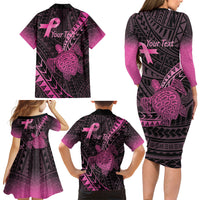 Breast Cancer Awareness Personalised Family Matching Long Sleeve Bodycon Dress and Hawaiian Shirt Pink Ribbon Turtle Polynesian Pattern Black LT22 - Polynesian Pride