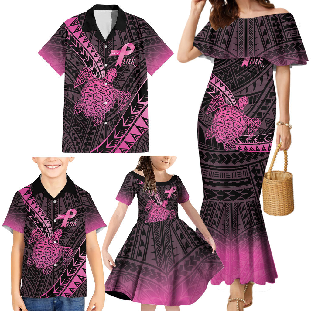 Breast Cancer Awareness Personalised Family Matching Mermaid Dress and Hawaiian Shirt Pink Ribbon Turtle Polynesian Pattern Black LT22 - Polynesian Pride
