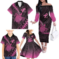 Breast Cancer Awareness Personalised Family Matching Off The Shoulder Long Sleeve Dress and Hawaiian Shirt Pink Ribbon Turtle Polynesian Pattern Black LT22 - Polynesian Pride
