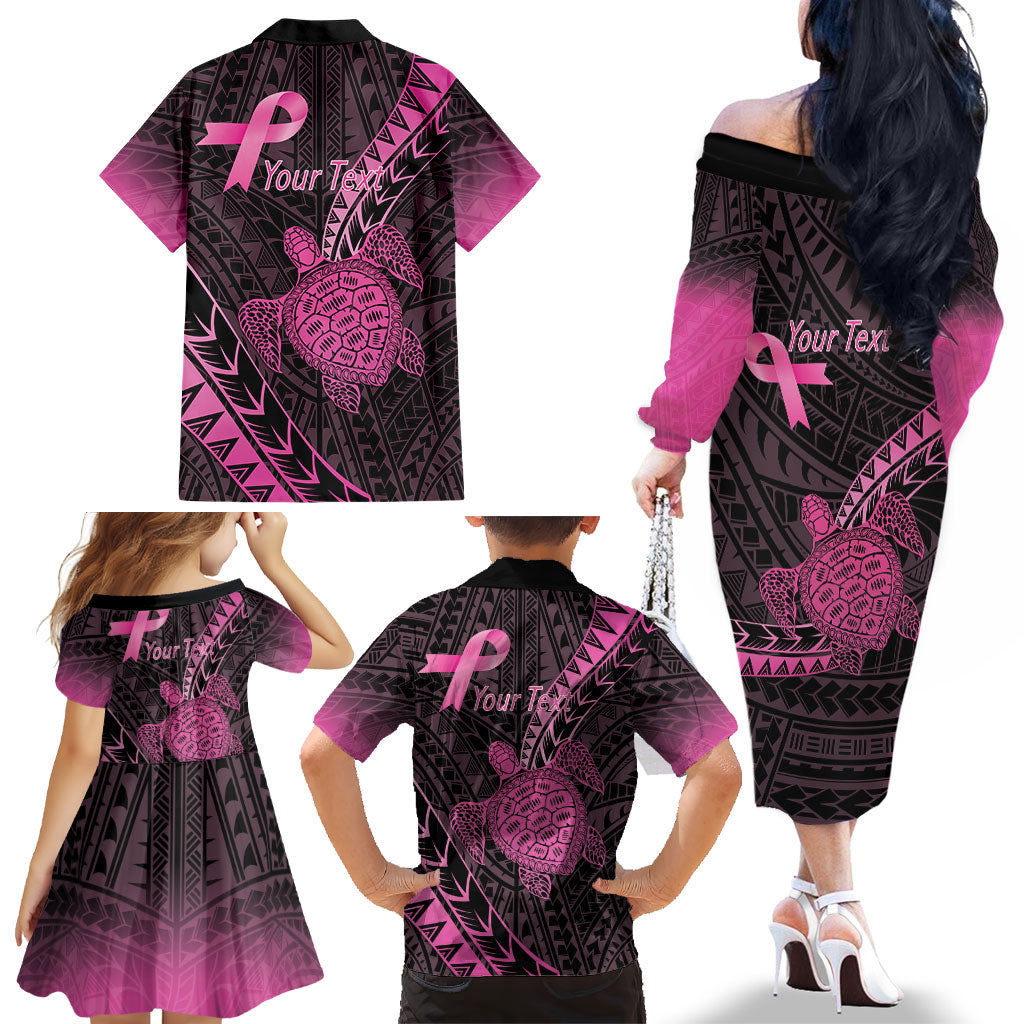 Breast Cancer Awareness Personalised Family Matching Off The Shoulder Long Sleeve Dress and Hawaiian Shirt Pink Ribbon Turtle Polynesian Pattern Black LT22 - Polynesian Pride