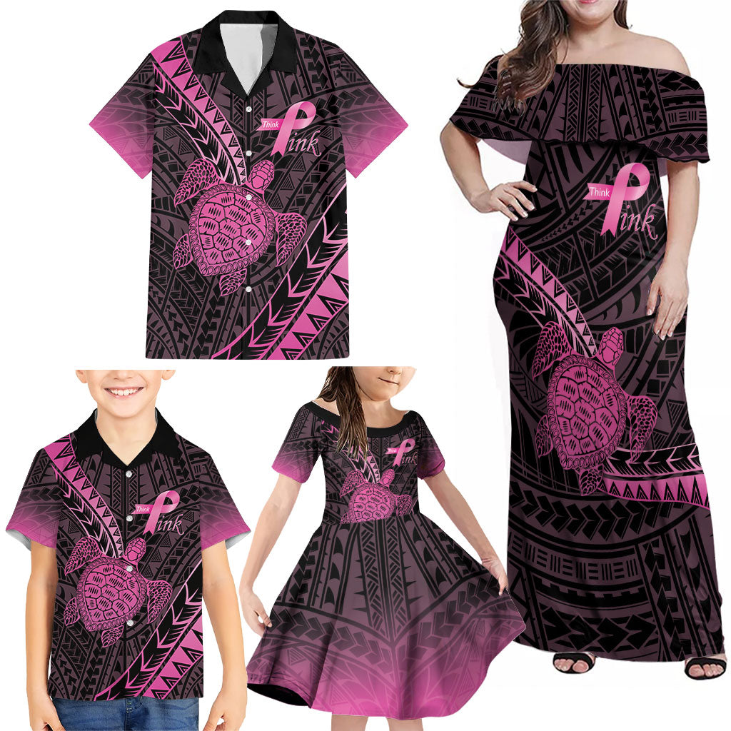 Breast Cancer Awareness Personalised Family Matching Off Shoulder Maxi Dress and Hawaiian Shirt Pink Ribbon Turtle Polynesian Pattern Black