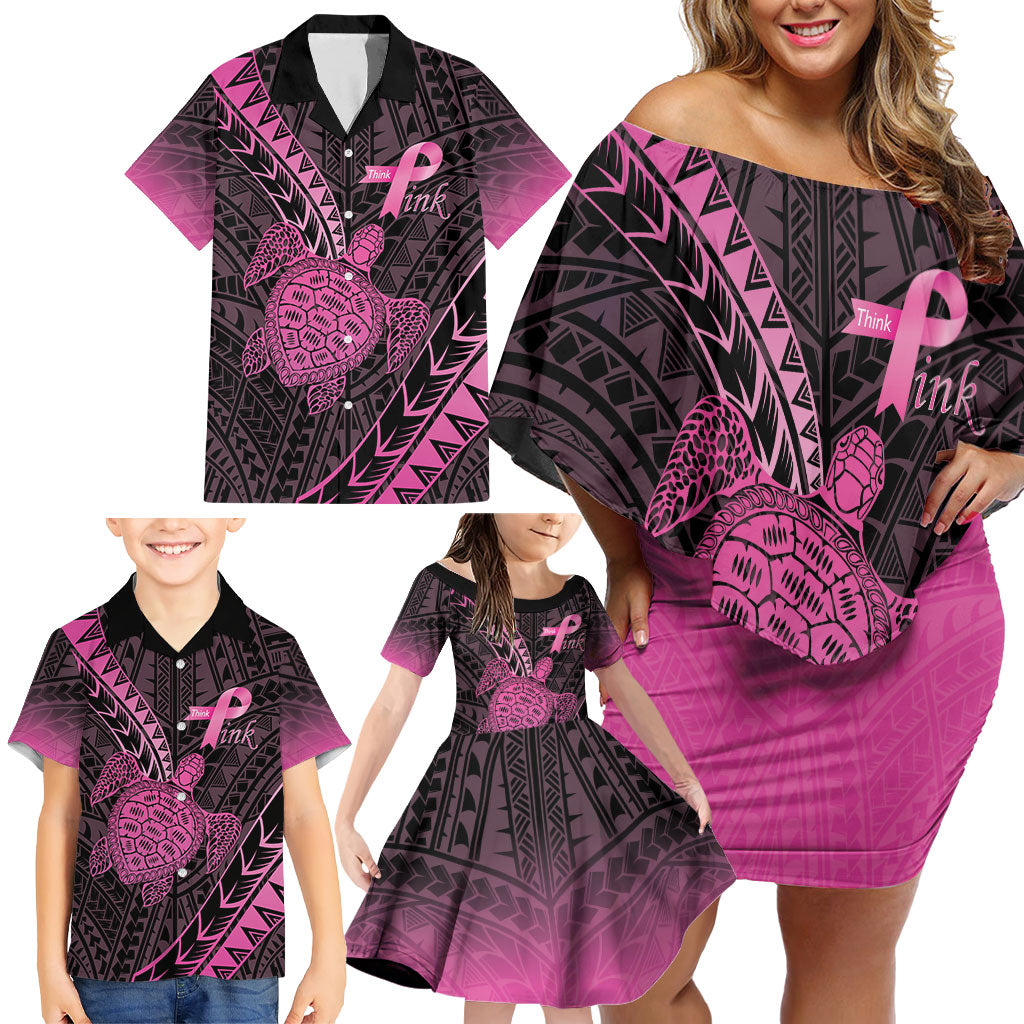 Breast Cancer Awareness Personalised Family Matching Off Shoulder Short Dress and Hawaiian Shirt Pink Ribbon Turtle Polynesian Pattern Black