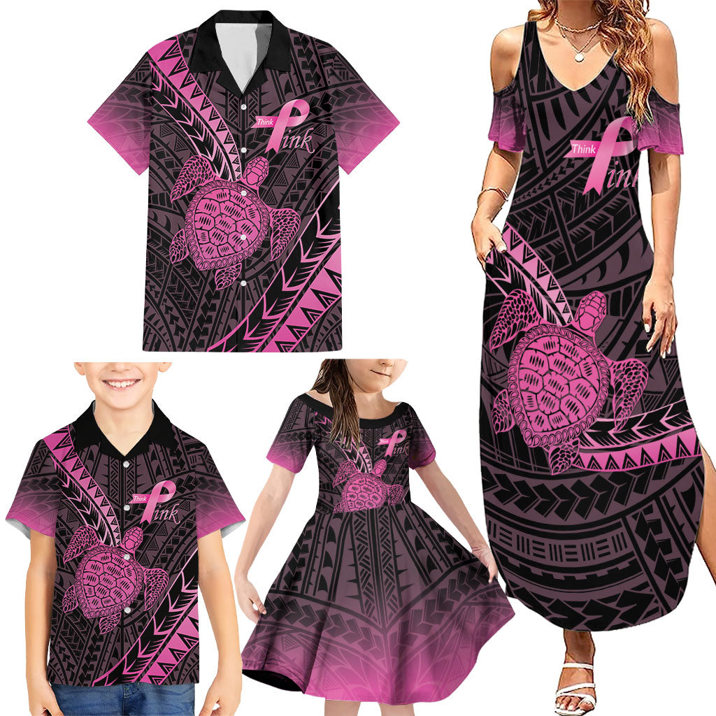 Breast Cancer Awareness Personalised Family Matching Summer Maxi Dress and Hawaiian Shirt Pink Ribbon Turtle Polynesian Pattern Black LT22 - Polynesian Pride