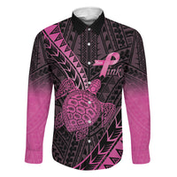 Breast Cancer Awareness Personalised Family Matching Summer Maxi Dress and Hawaiian Shirt Pink Ribbon Turtle Polynesian Pattern Black LT22 Dad's Shirt - Long Sleeve Pink - Polynesian Pride