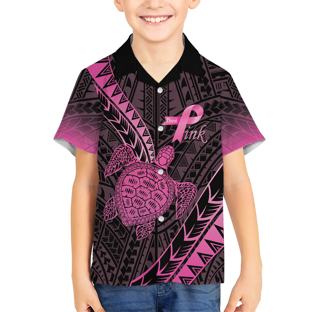 Breast Cancer Awareness Personalised Family Matching Summer Maxi Dress and Hawaiian Shirt Pink Ribbon Turtle Polynesian Pattern Black LT22 Son's Shirt Pink - Polynesian Pride
