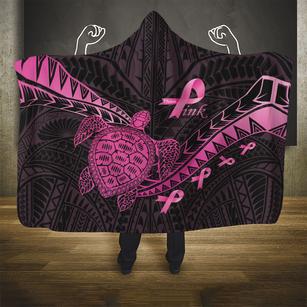 Breast Cancer Awareness Hooded Blanket Pink Ribbon Turtle Polynesian Pattern Black