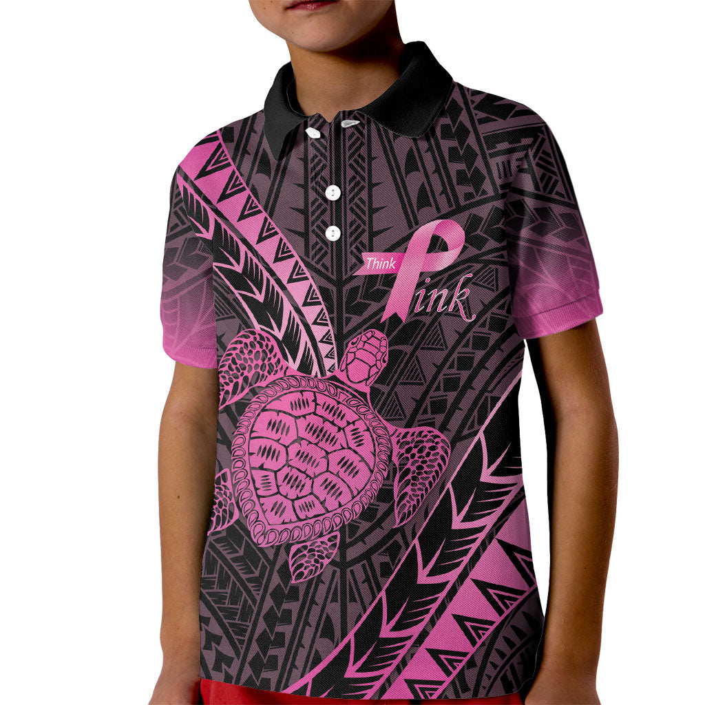 Breast Cancer Awareness Personalised Kid Polo Shirt Pink Ribbon Turtle Polynesian Pattern Black
