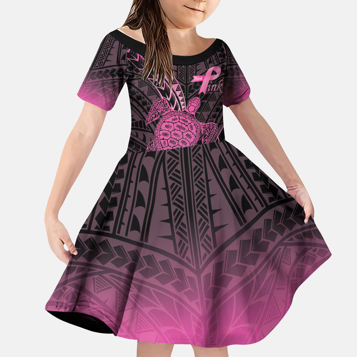Breast Cancer Awareness Personalised Kid Short Sleeve Dress Pink Ribbon Turtle Polynesian Pattern Black LT22 KID Pink - Polynesian Pride