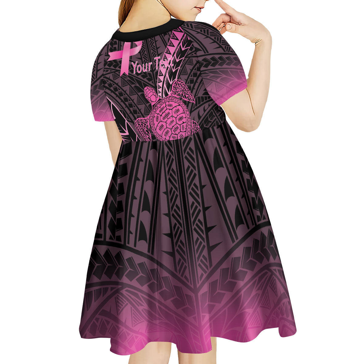 Breast Cancer Awareness Personalised Kid Short Sleeve Dress Pink Ribbon Turtle Polynesian Pattern Black LT22 - Polynesian Pride