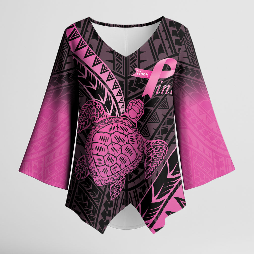 Breast Cancer Awareness Personalised Kimono Sleeve Blouse Pink Ribbon Turtle Polynesian Pattern Black
