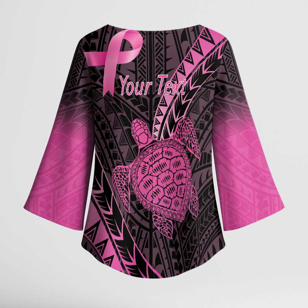 Breast Cancer Awareness Personalised Kimono Sleeve Blouse Pink Ribbon Turtle Polynesian Pattern Black