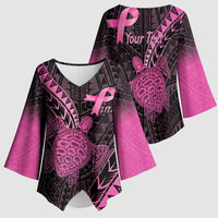 Breast Cancer Awareness Personalised Kimono Sleeve Blouse Pink Ribbon Turtle Polynesian Pattern Black