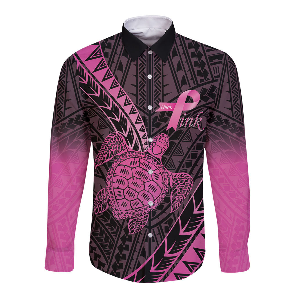 Breast Cancer Awareness Personalised Long Sleeve Button Shirt Pink Ribbon Turtle Polynesian Pattern Black