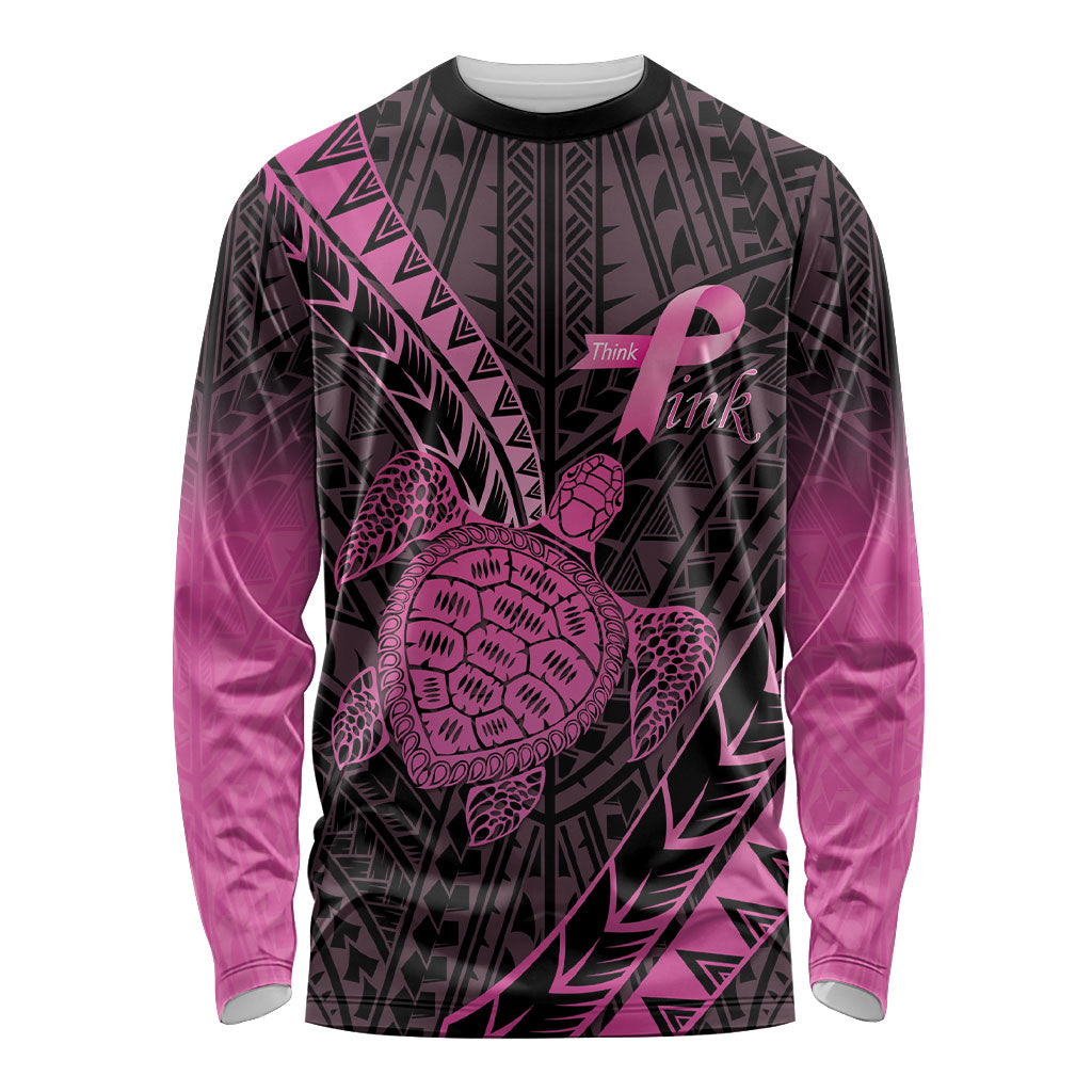 Breast Cancer Awareness Personalised Long Sleeve Shirt Pink Ribbon Turtle Polynesian Pattern Black