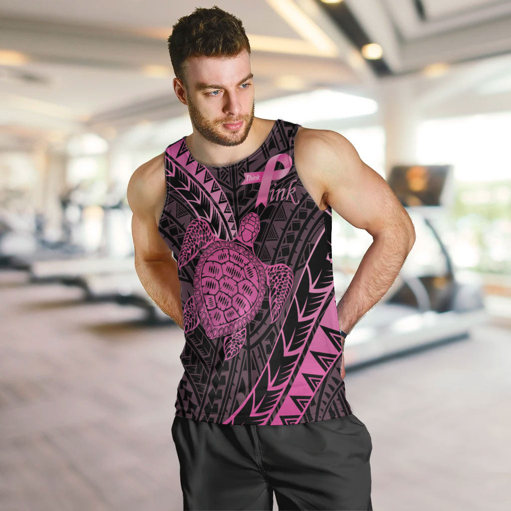 Breast Cancer Awareness Personalised Men Tank Top Pink Ribbon Turtle Polynesian Pattern Black