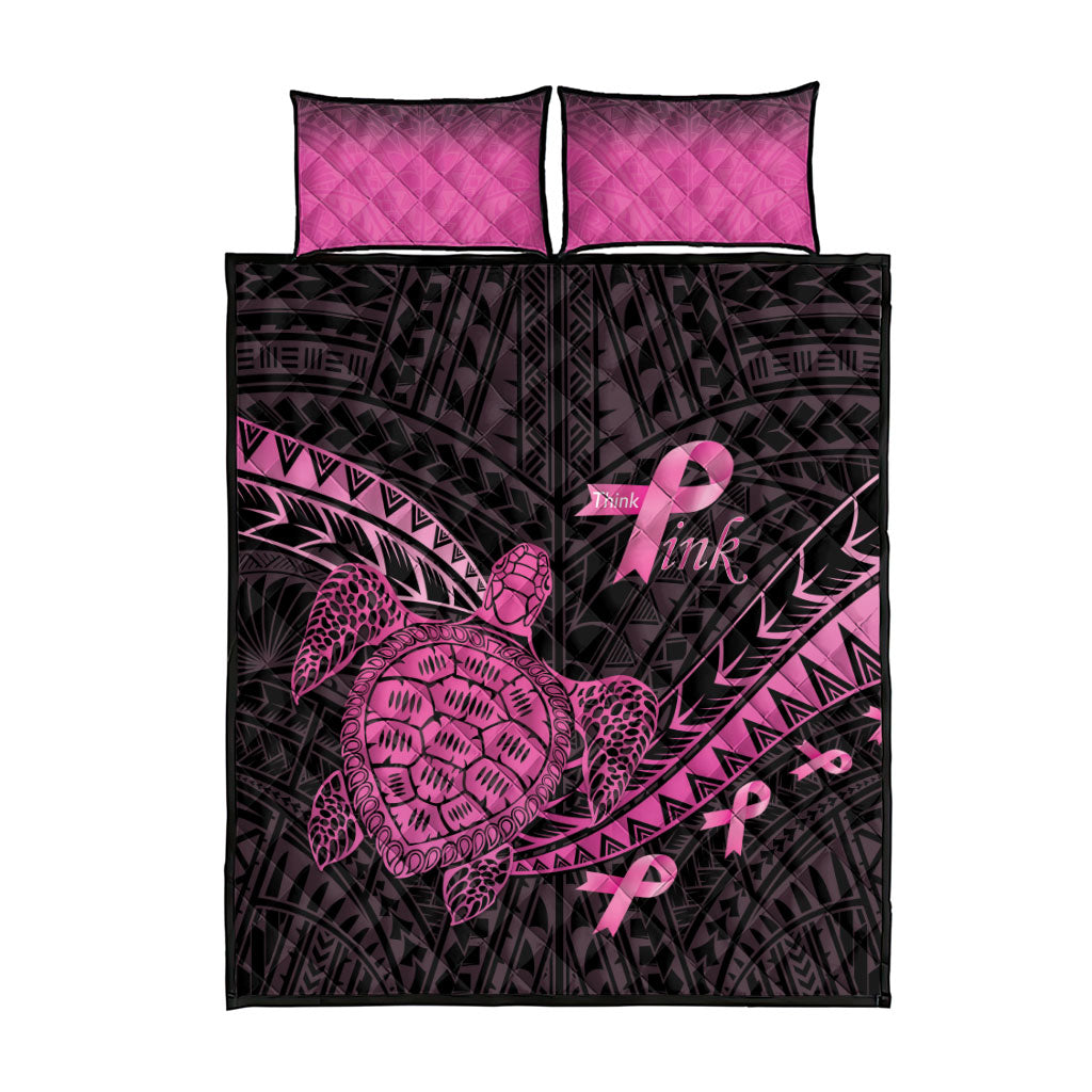 Breast Cancer Awareness Quilt Bed Set Pink Ribbon Turtle Polynesian Pattern Black