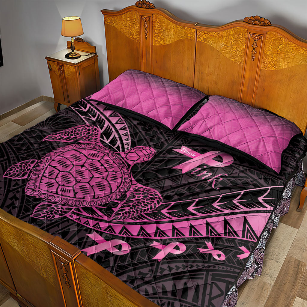 Breast Cancer Awareness Quilt Bed Set Pink Ribbon Turtle Polynesian Pattern Black