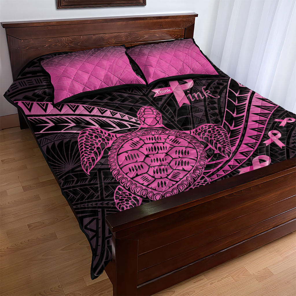Breast Cancer Awareness Quilt Bed Set Pink Ribbon Turtle Polynesian Pattern Black