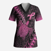Breast Cancer Awareness Personalised Scrub Top Pink Ribbon Turtle Polynesian Pattern Black LT22 Adult Pink - Polynesian Pride