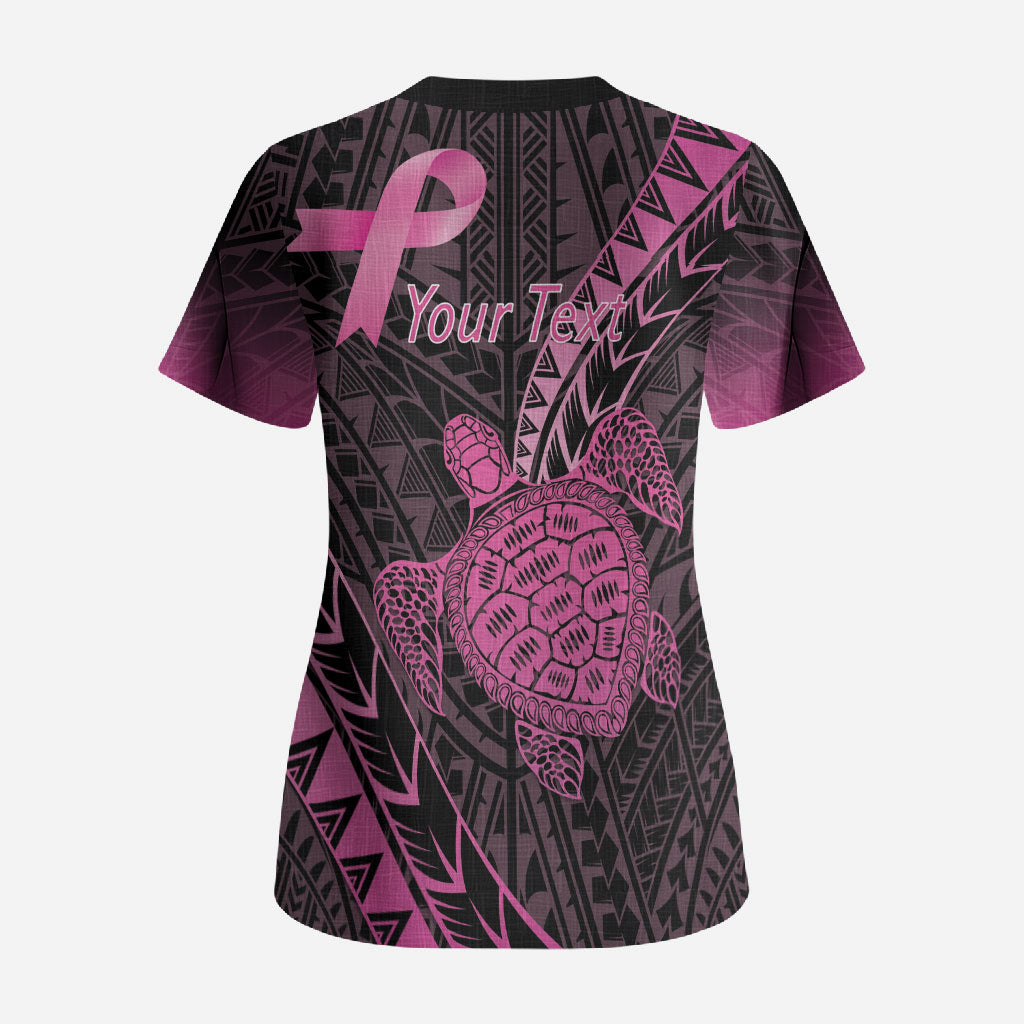 Breast Cancer Awareness Personalised Scrub Top Pink Ribbon Turtle Polynesian Pattern Black LT22 - Polynesian Pride