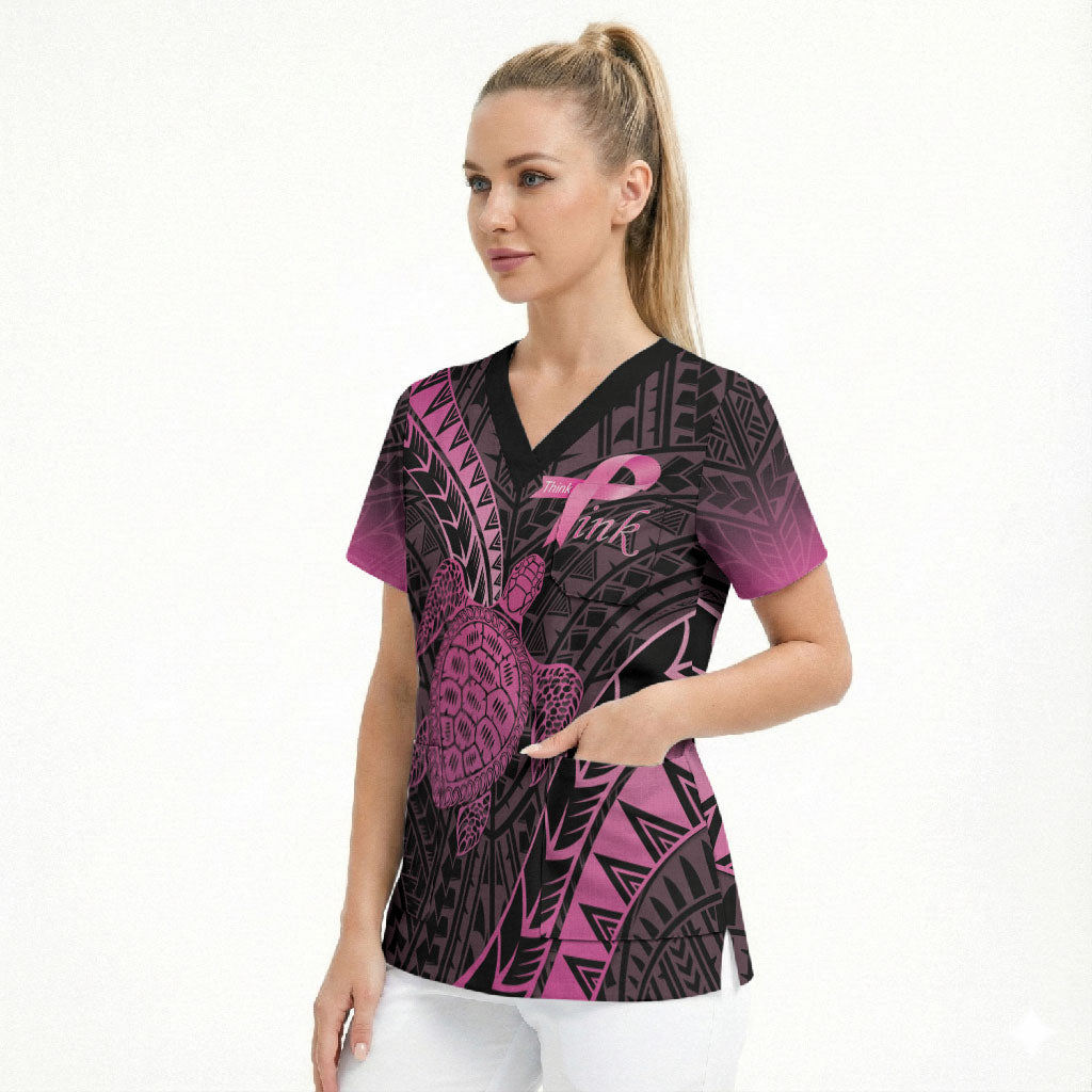 Breast Cancer Awareness Personalised Scrub Top Pink Ribbon Turtle Polynesian Pattern Black LT22 - Polynesian Pride