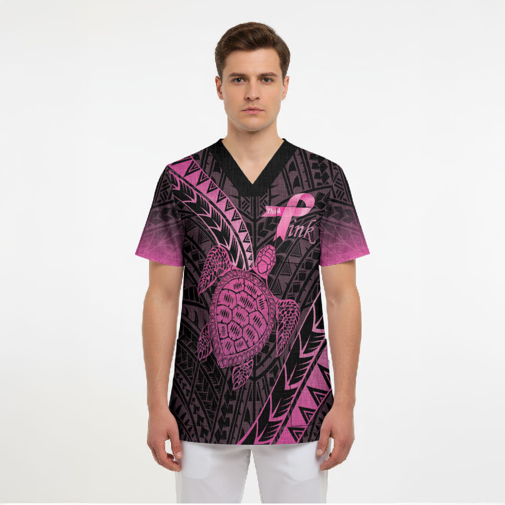 Breast Cancer Awareness Personalised Scrub Top Pink Ribbon Turtle Polynesian Pattern Black LT22 - Polynesian Pride