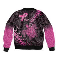 Breast Cancer Awareness Personalised Sleeve Zip Bomber Jacket Pink Ribbon Turtle Polynesian Pattern Black