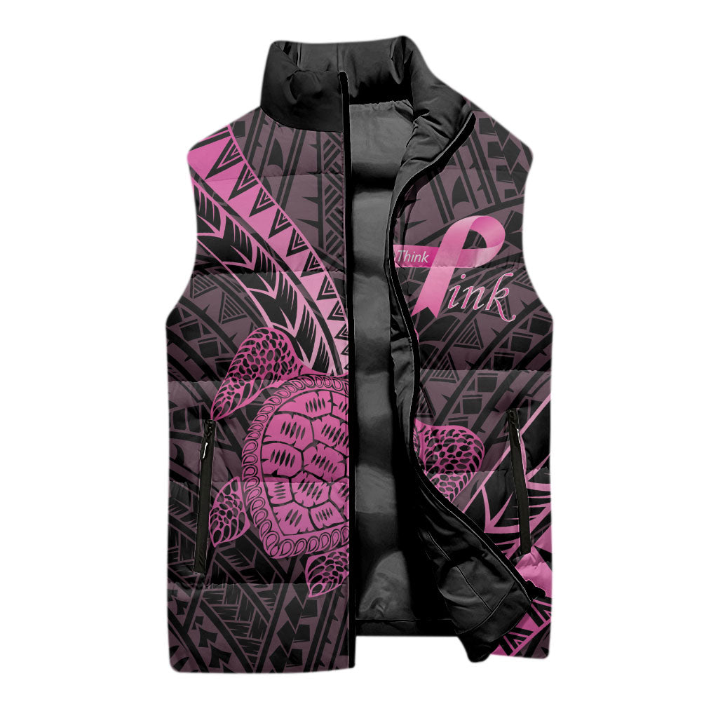 Breast Cancer Awareness Personalised Sleeveless Puffer Jacket Pink Ribbon Turtle Polynesian Pattern Black