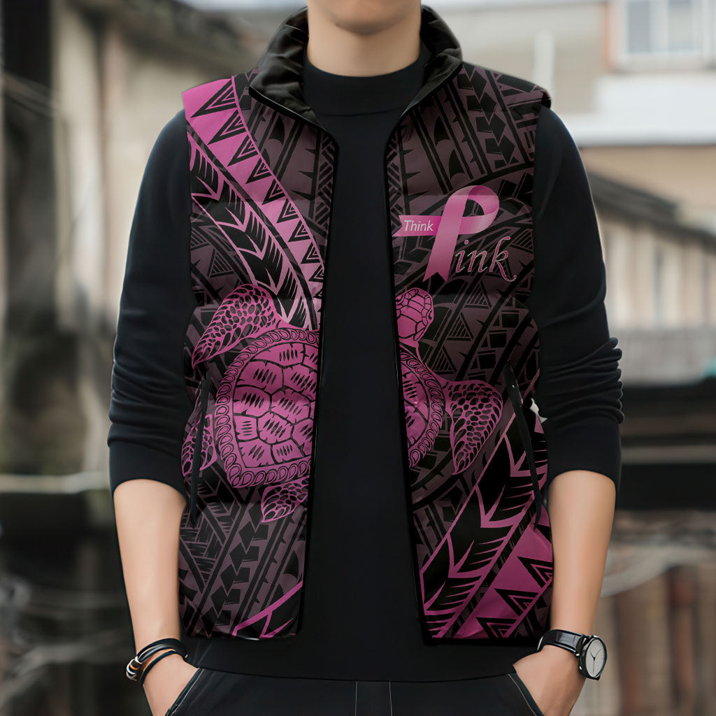 Breast Cancer Awareness Personalised Sleeveless Puffer Jacket Pink Ribbon Turtle Polynesian Pattern Black