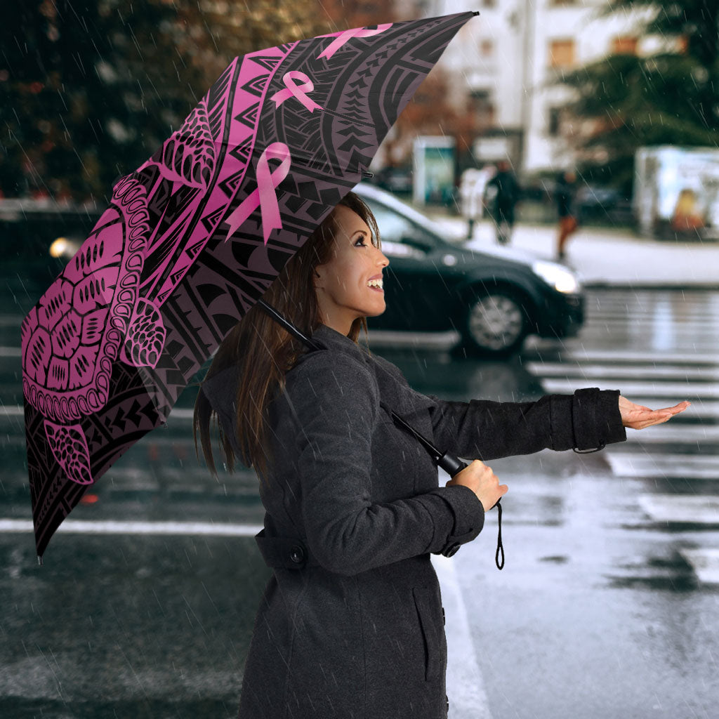 Breast Cancer Awareness Umbrella Pink Ribbon Turtle Polynesian Pattern Black