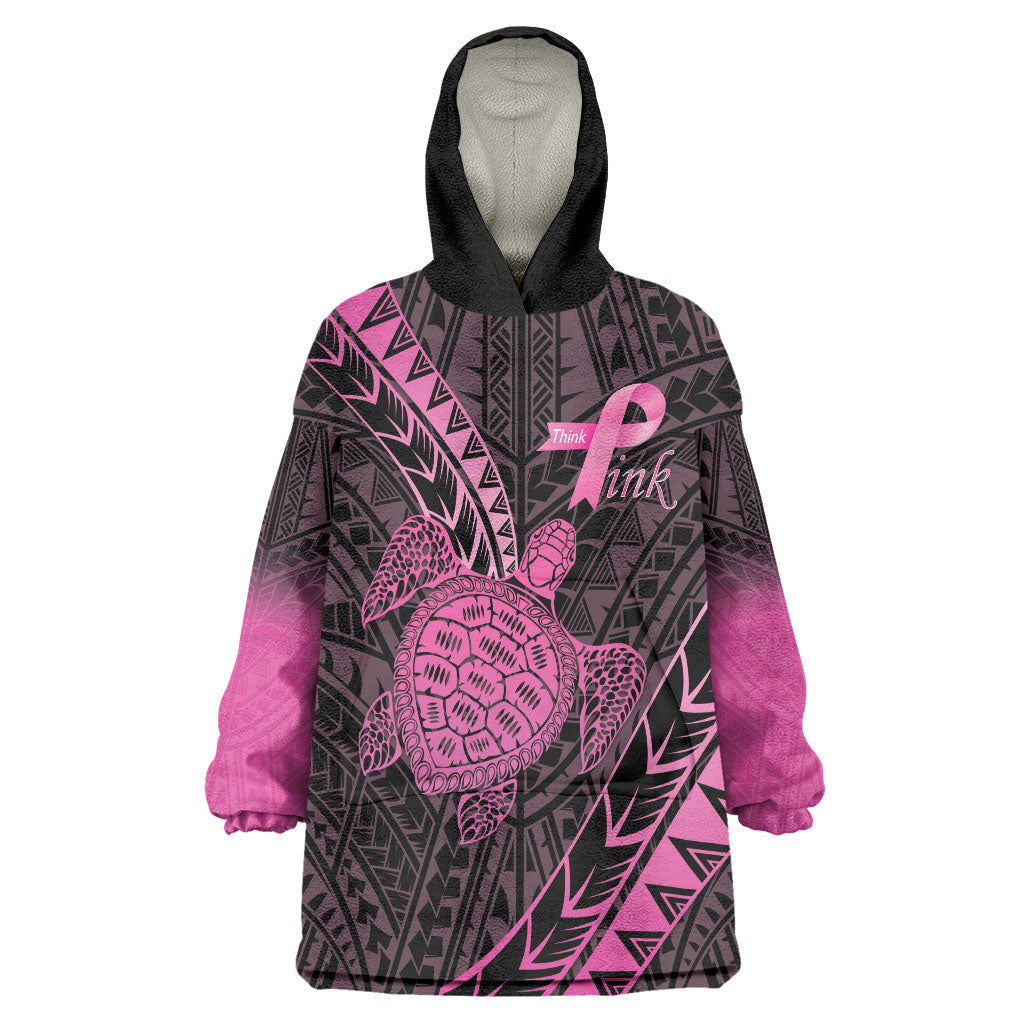Breast Cancer Awareness Personalised Wearable Blanket Hoodie Pink Ribbon Turtle Polynesian Pattern Black