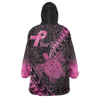 Breast Cancer Awareness Personalised Wearable Blanket Hoodie Pink Ribbon Turtle Polynesian Pattern Black