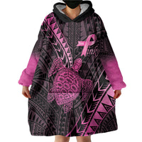Breast Cancer Awareness Personalised Wearable Blanket Hoodie Pink Ribbon Turtle Polynesian Pattern Black