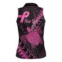 Breast Cancer Awareness Personalised Women Sleeveless Polo Shirt Pink Ribbon Turtle Polynesian Pattern Black