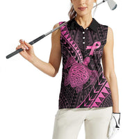 Breast Cancer Awareness Personalised Women Sleeveless Polo Shirt Pink Ribbon Turtle Polynesian Pattern Black