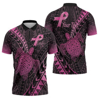 Breast Cancer Awareness Personalised Zipper Polo Shirt Pink Ribbon Turtle Polynesian Pattern Black