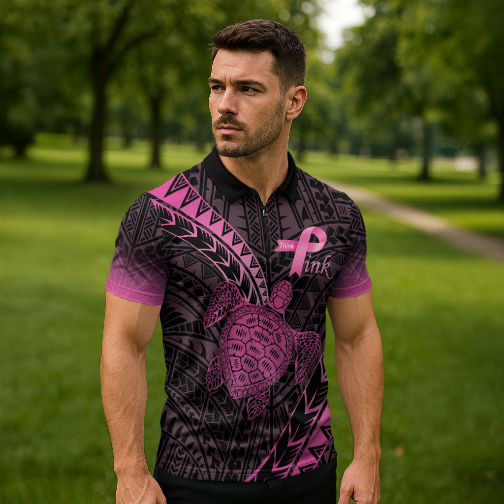 Breast Cancer Awareness Personalised Zipper Polo Shirt Pink Ribbon Turtle Polynesian Pattern Black