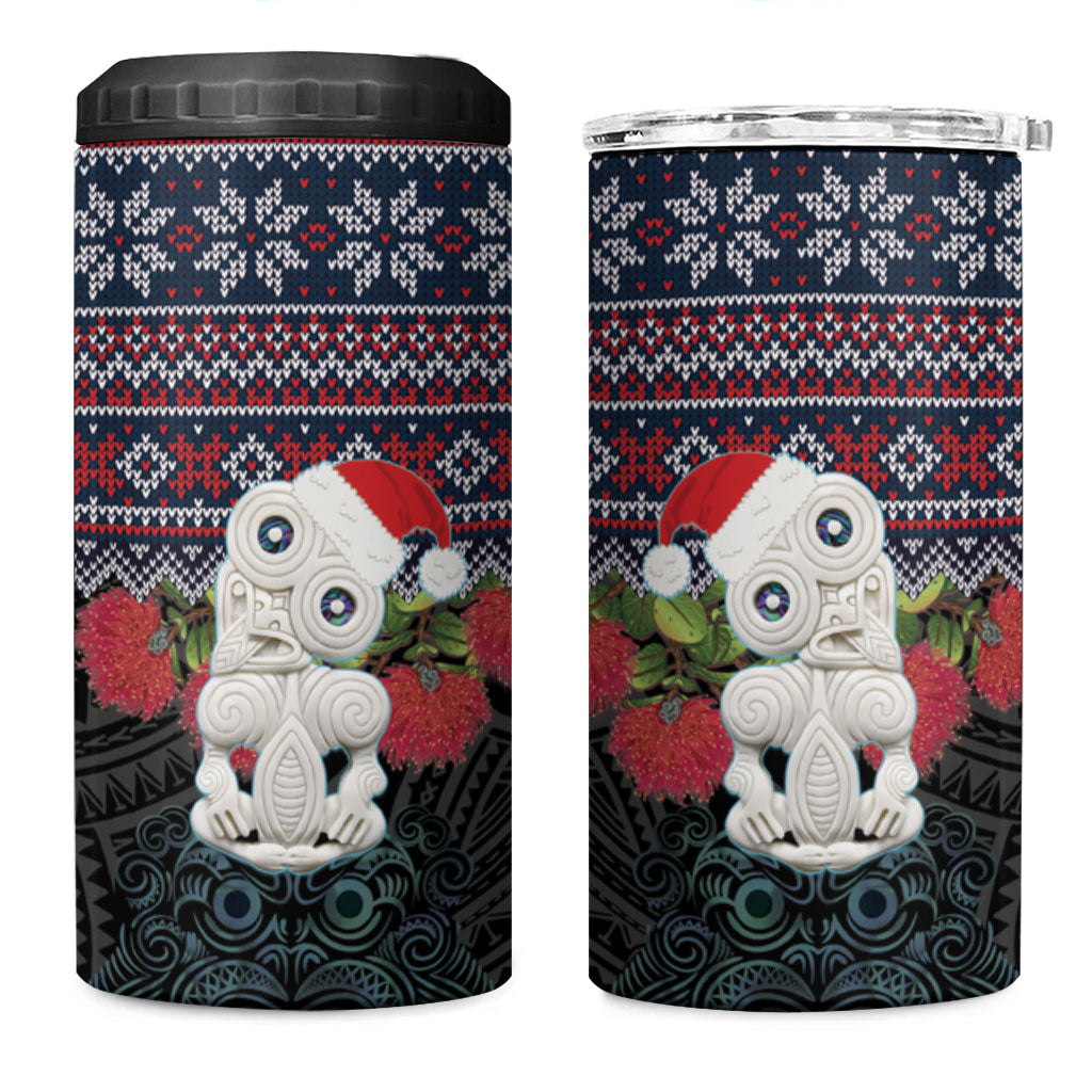 New Zealand Hei Tiki Christmas In July 4 in 1 Can Cooler Tumbler Pohutukawa Santa Xmas Polynesian Pattern