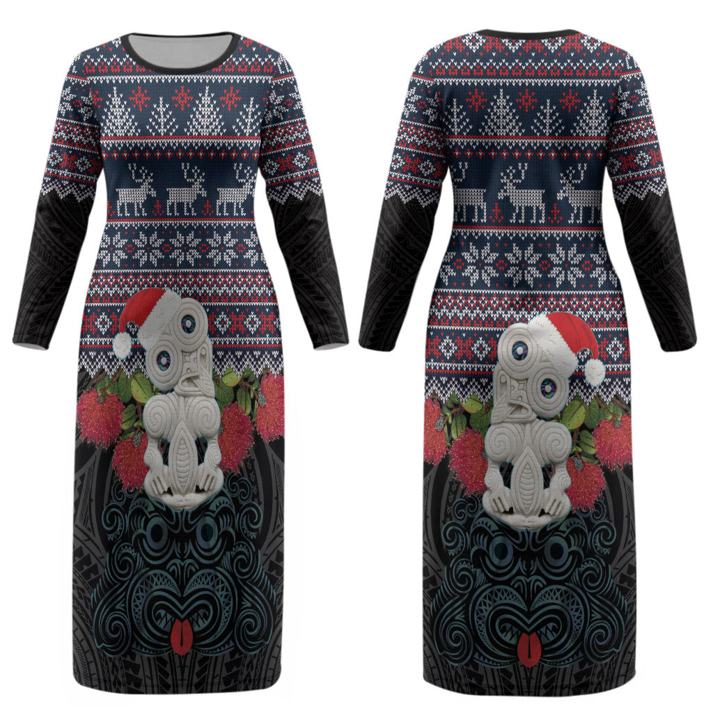 New Zealand Hei Tiki Christmas In July Couples Matching Long Sleeve Bodycon Dress and Hawaiian Shirt Pohutukawa Santa Xmas Polynesian Pattern LT22 - Polynesian Pride