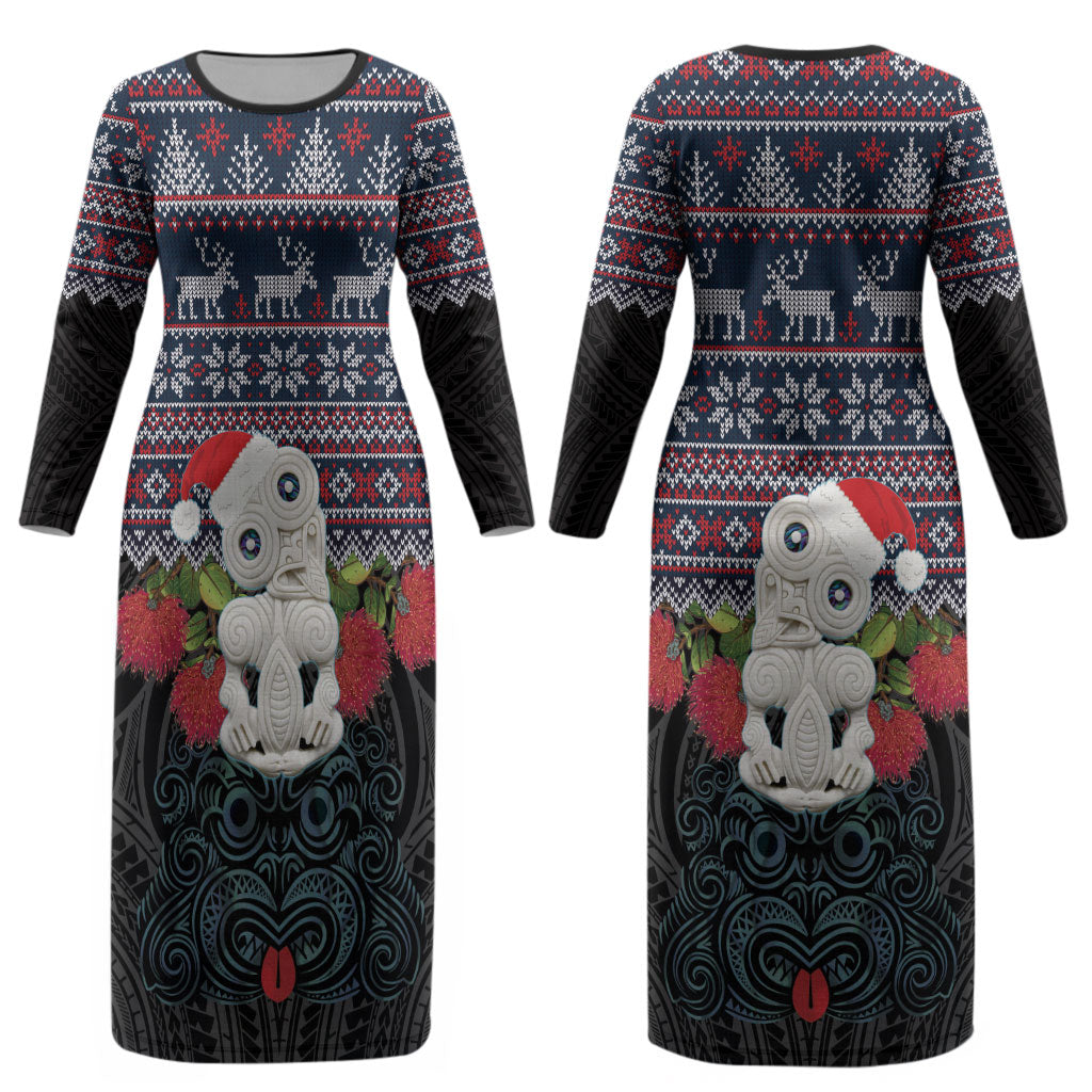 New Zealand Hei Tiki Christmas In July Couples Matching Long Sleeve Bodycon Dress and Long Sleeve Button Shirt Pohutukawa Santa Xmas Polynesian Pattern LT22 - Polynesian Pride