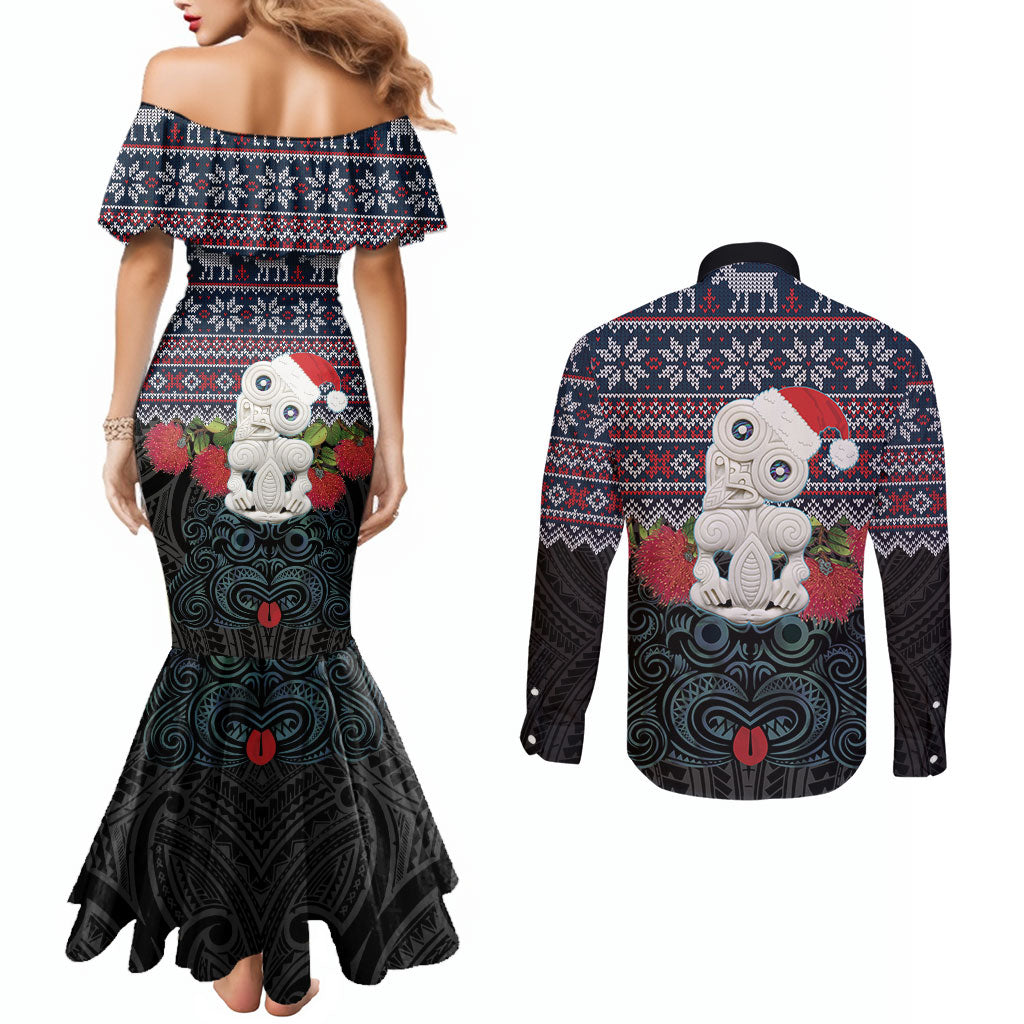 New Zealand Hei Tiki Christmas In July Couples Matching Mermaid Dress and Long Sleeve Button Shirt Pohutukawa Santa Xmas Polynesian Pattern