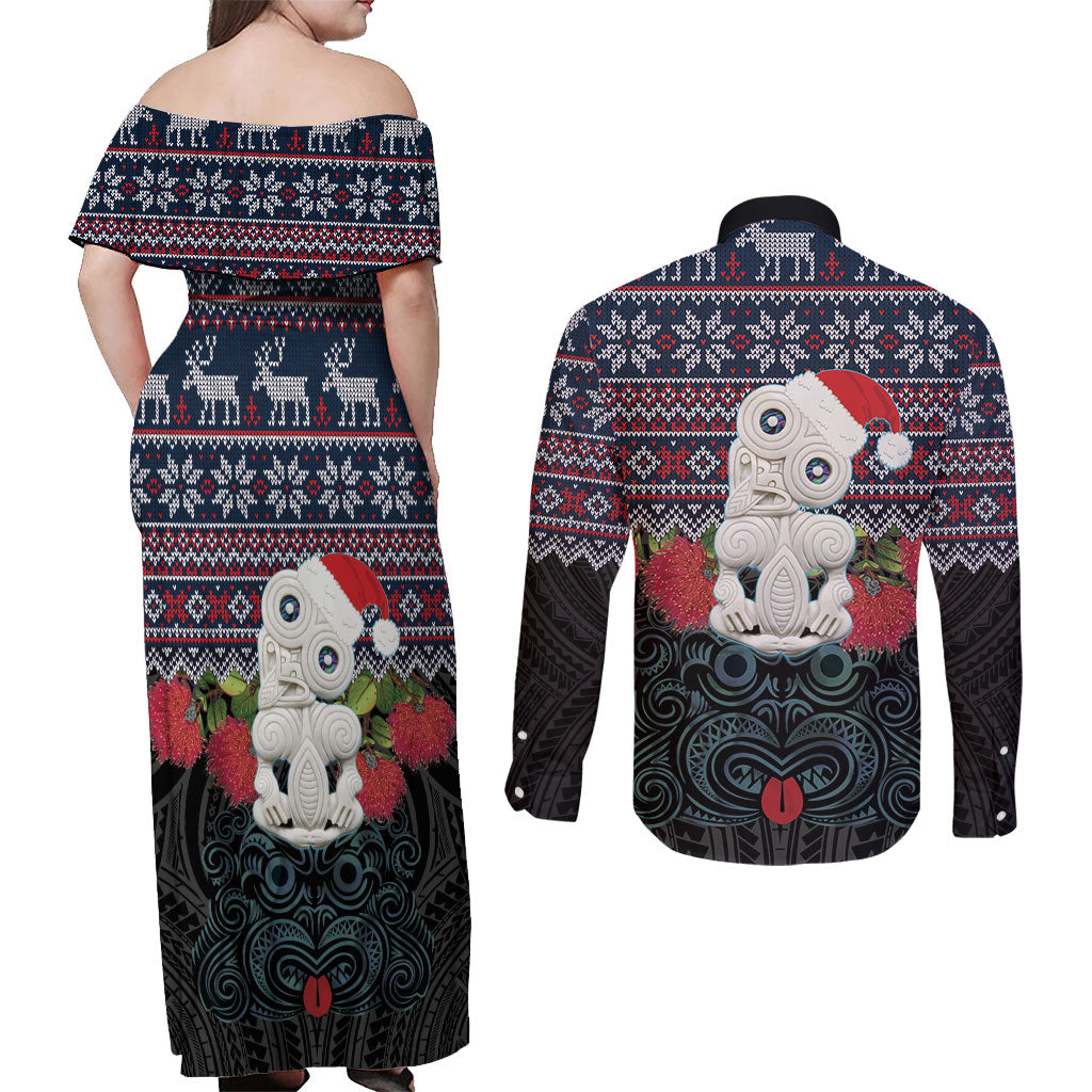 New Zealand Hei Tiki Christmas In July Couples Matching Off Shoulder Maxi Dress and Long Sleeve Button Shirt Pohutukawa Santa Xmas Polynesian Pattern