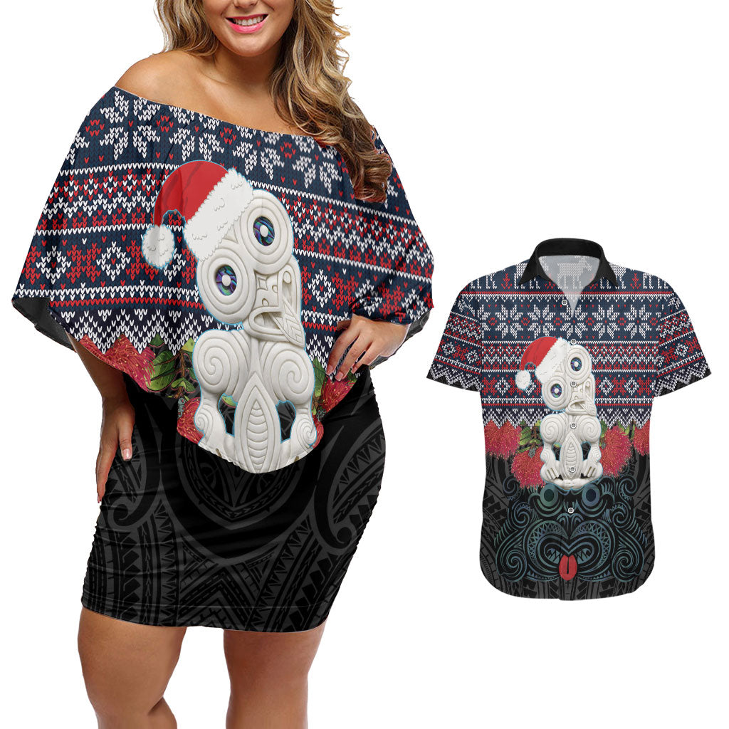New Zealand Hei Tiki Christmas In July Couples Matching Off Shoulder Short Dress and Hawaiian Shirt Pohutukawa Santa Xmas Polynesian Pattern LT22 Black - Polynesian Pride
